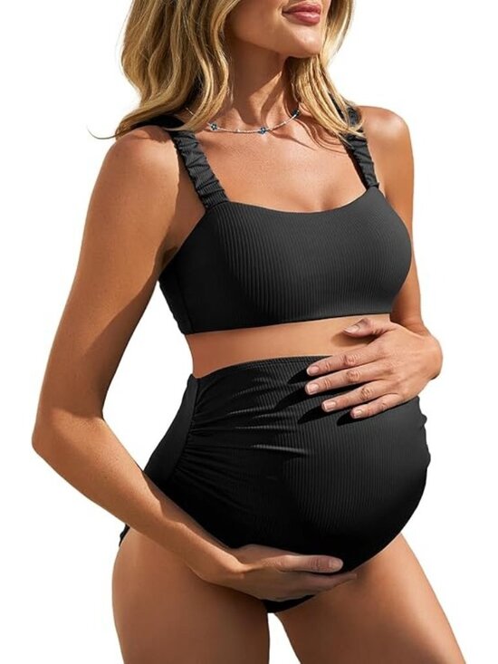 Summer Mae Other - Maternity Ribbed Scoop Neck Bikini Set in Black